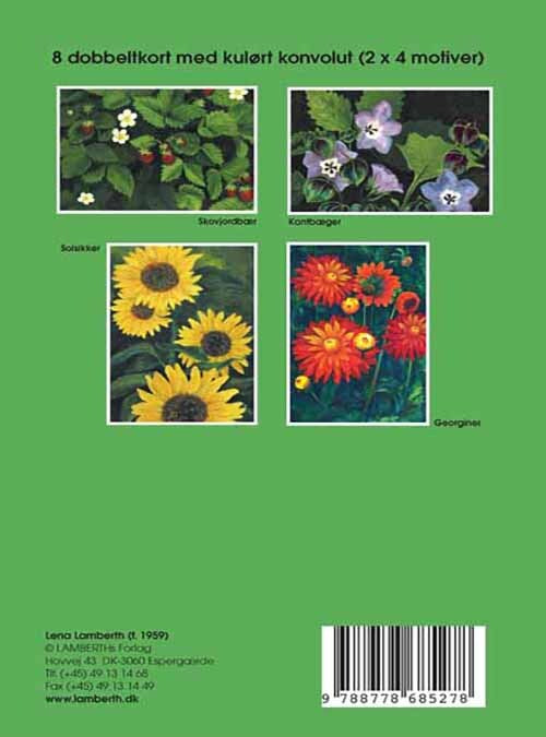 8 dobbeltkort m. blomstermotiver af Lena Lamberth og grøn konvolut