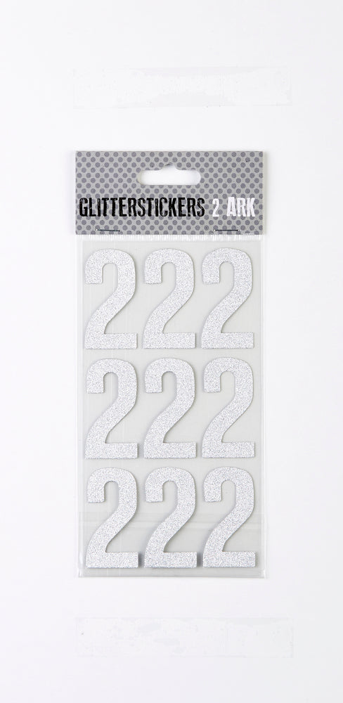 STICKERS GLITTER SØLV TAL 2 M. 2 ARK
