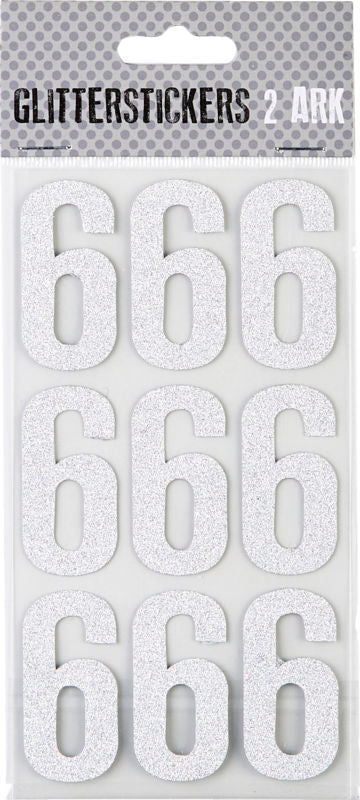 STICKERS GLITTER SØLV TAL 6 M. 2 ARK
