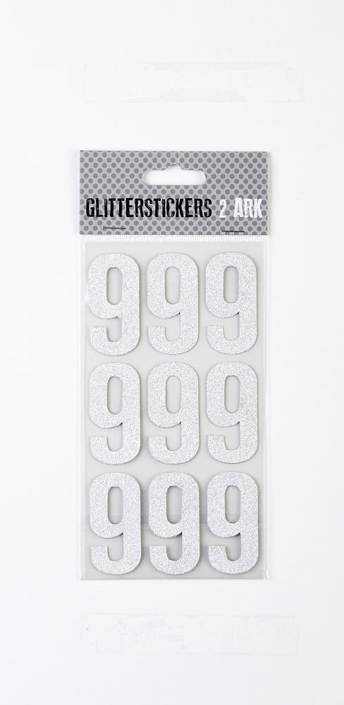 STICKERS GLITTER SØLV TAL 9 M. 2 ARK
