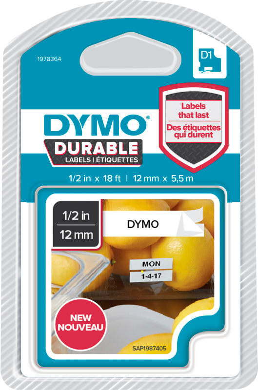 Tape dymo d1 durable sort/hvid 12mmx5,5m