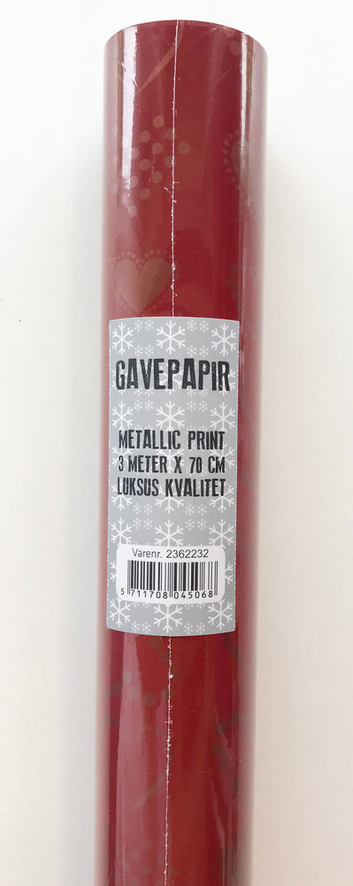 GAVEPAPIR RØD MED RØD METALLIC HJERTE 3 M