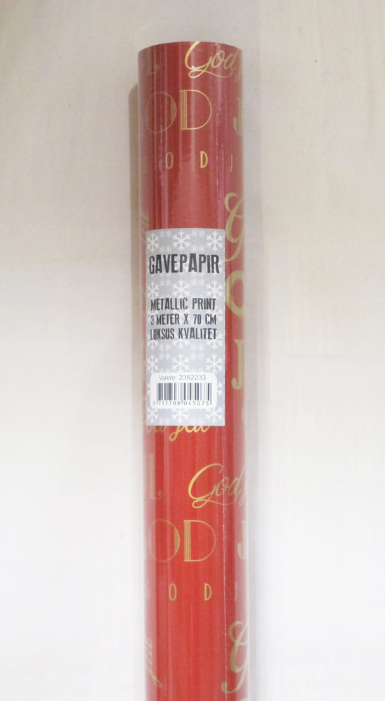 GAVEPAPIR RØD MED RØD METALLIC GOD JUL 3 M