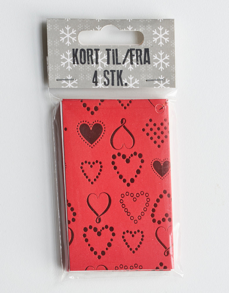 KORT TIL/FRA DOBBELT RØD HJERTER METALLIC 4 STK