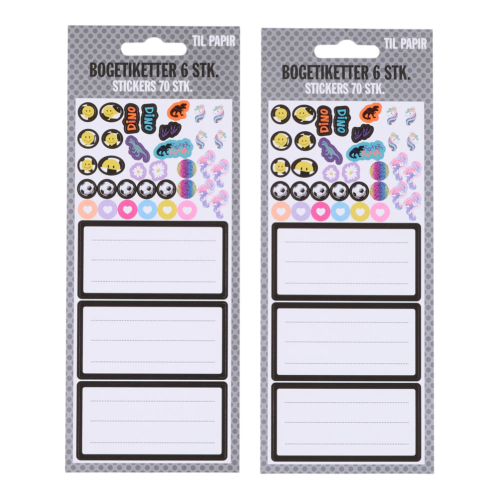 Skolebogsetiket sort 6 stk papir 70 stk stickers