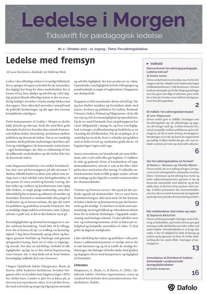 Ledelse i Morgen. Nr. 2. Oktober 2017. 21. årgang. Tema: Forvaltningsledelse