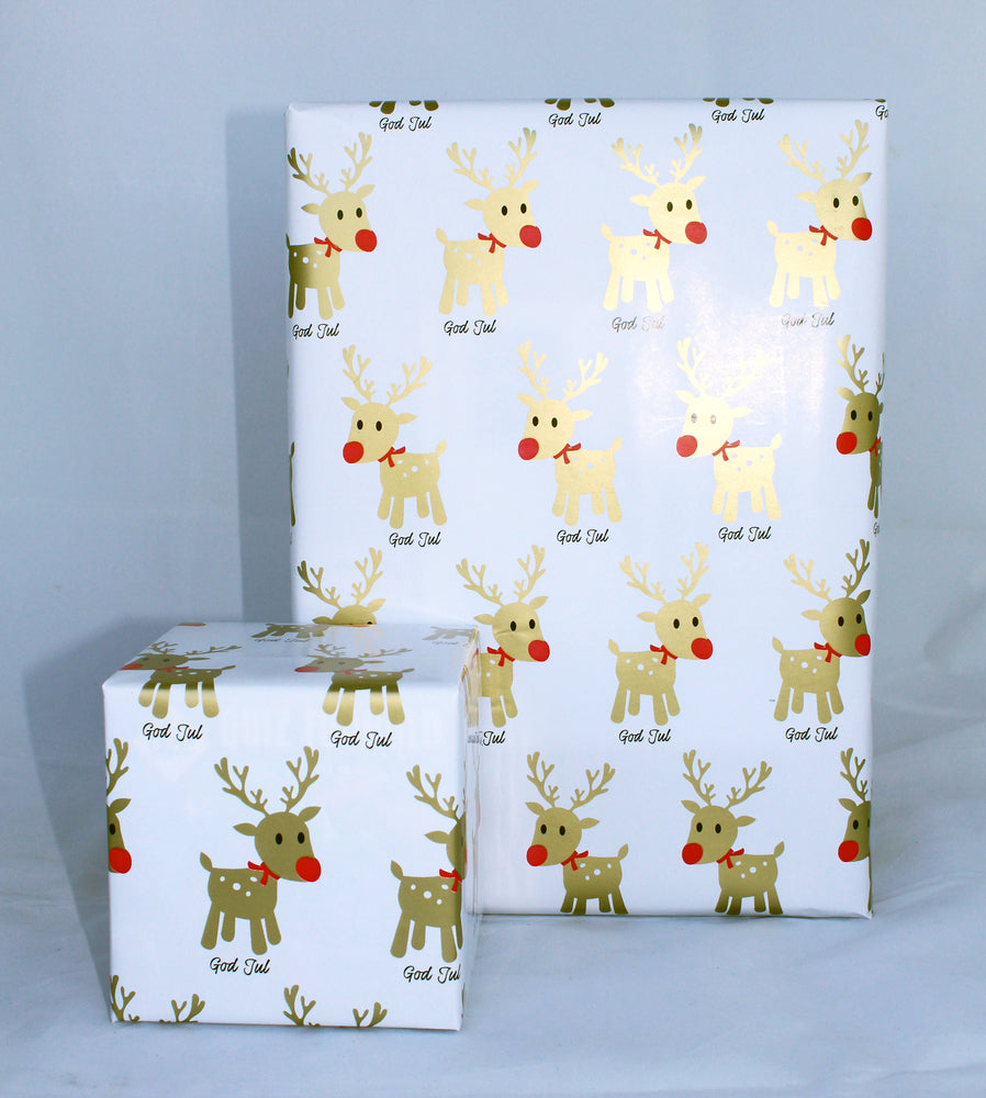 GAVEPAPIR HVID RENSDYR/GOD JUL GULD METALLIC 3 M X 70 CM