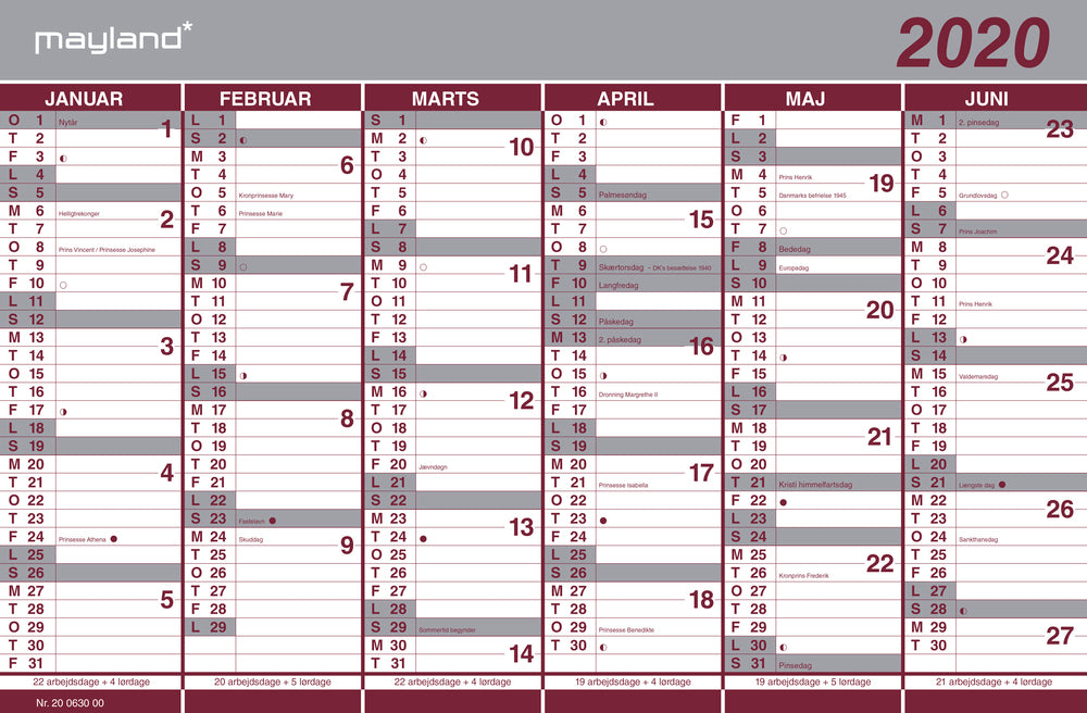 Dobbelt halvårskalender 2020 Mayland