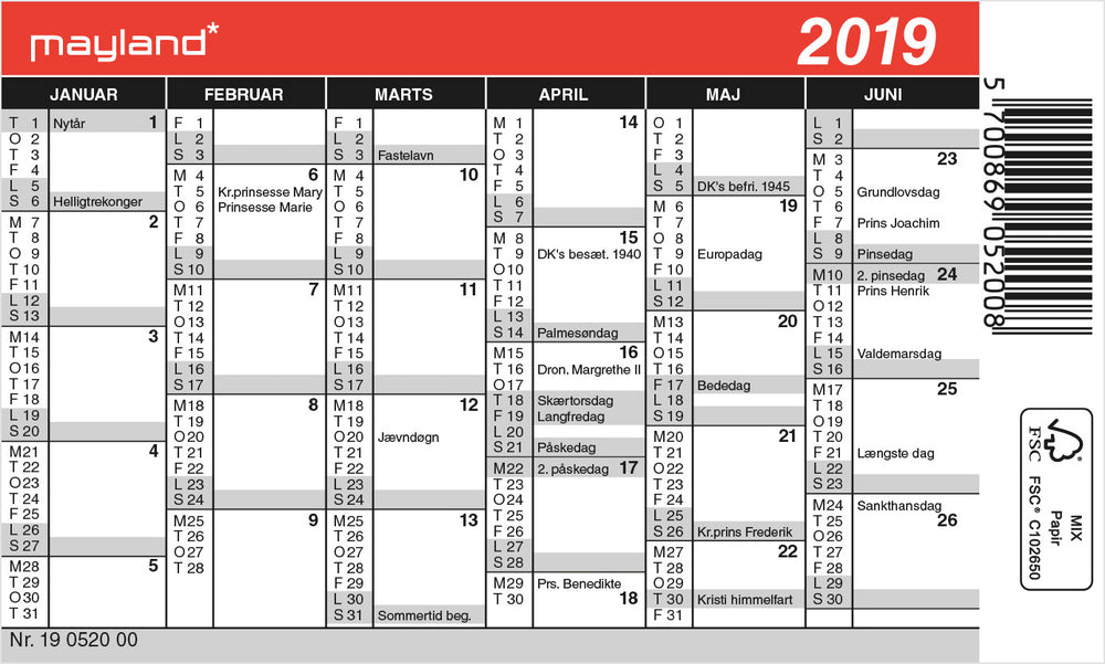 KALENDER MINI 2019 MAYLAND 12 X 7 CM