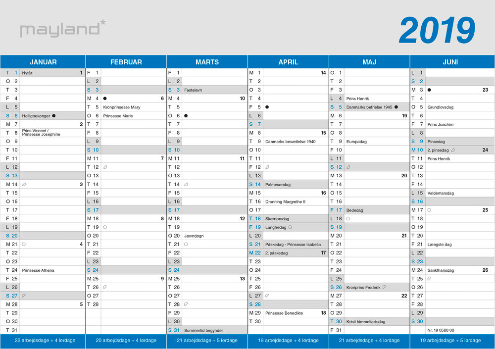 KONTORKALENDER A5 KLASSISK 2019 MAYLAND