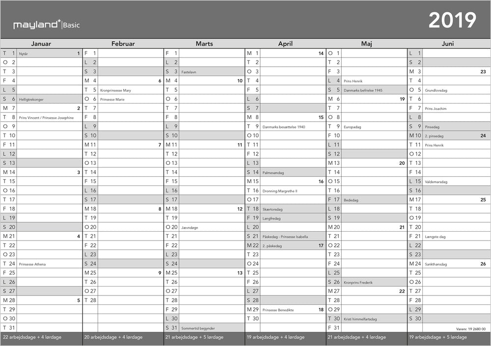 BASIC A4 KONTORKALENDER 2019 MAYLAND