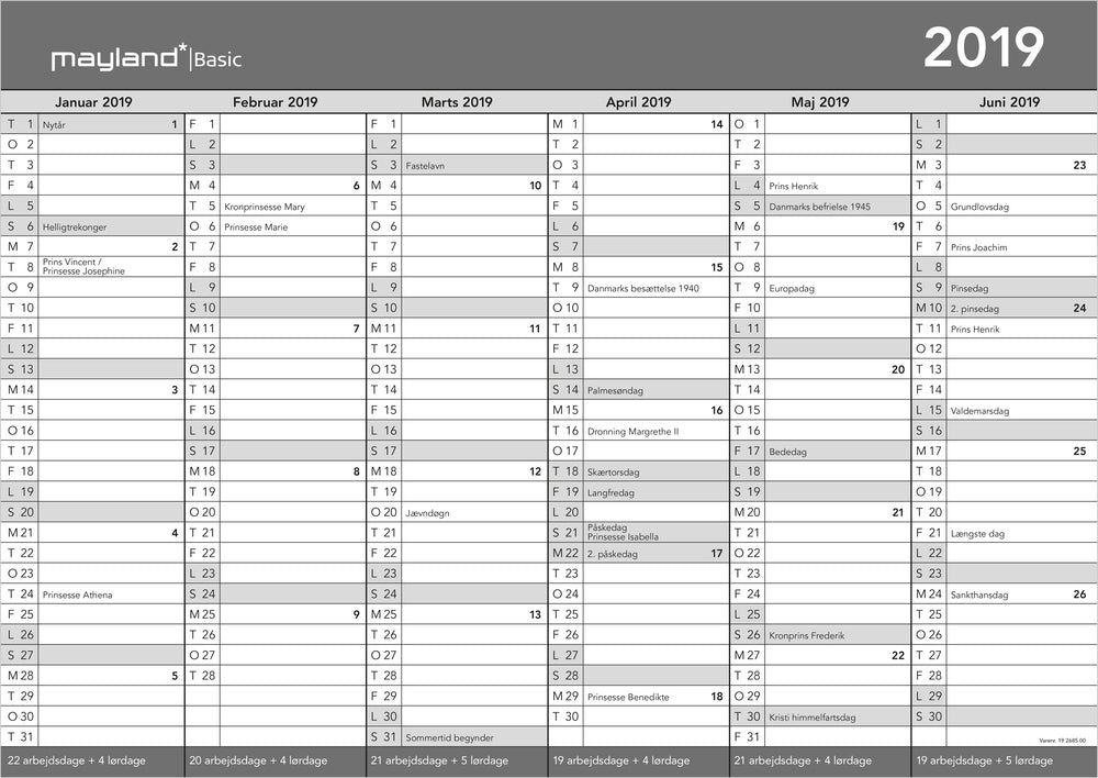 BASIC A3 KONTORKALENDER 2019 MAYLAND