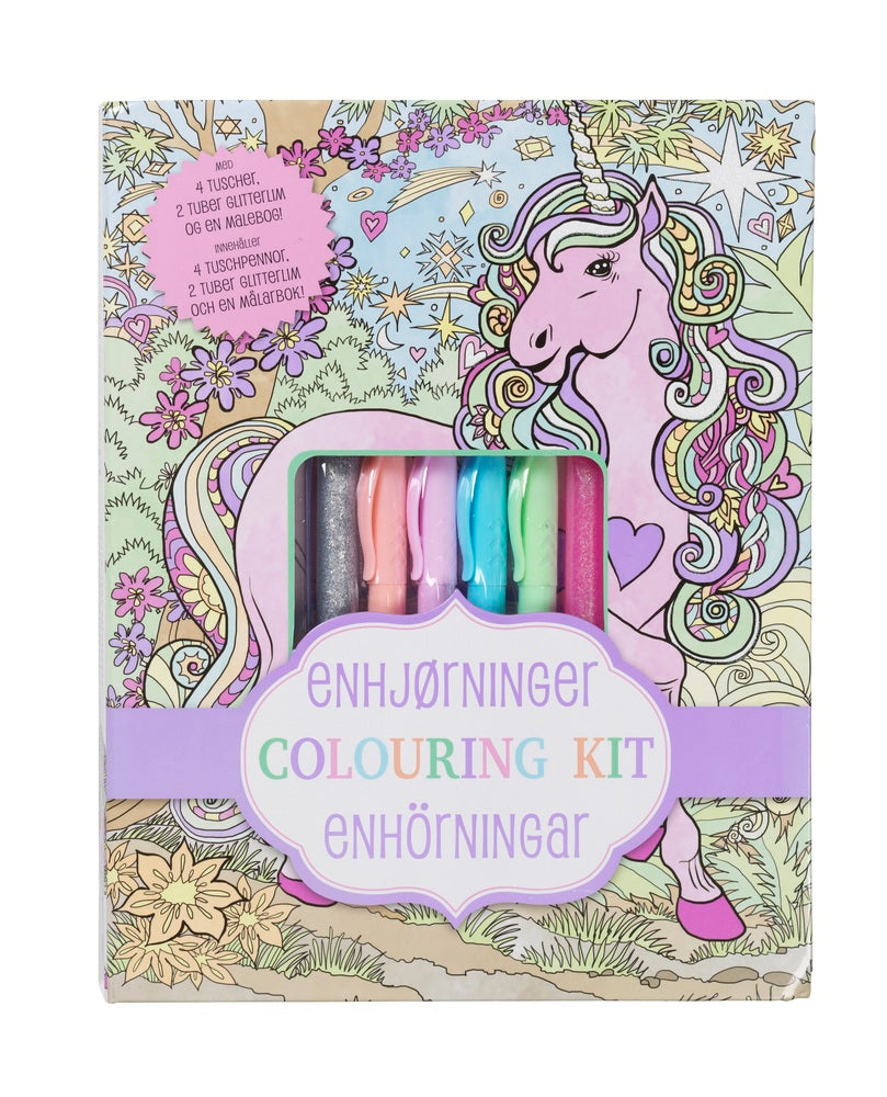 Enhjørning colouring kit - malebog med gel pens