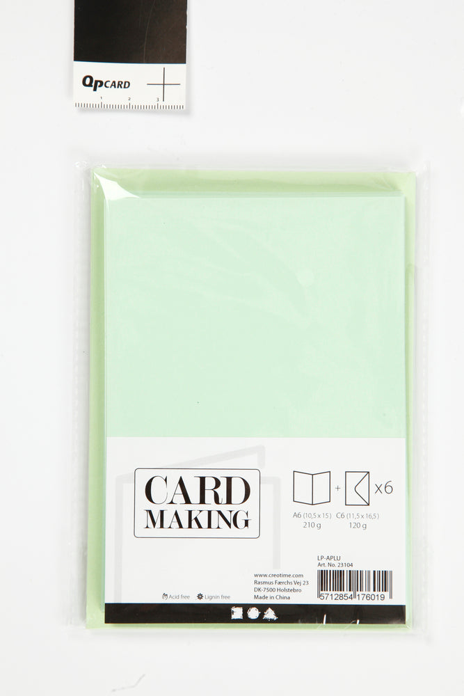 KORT OG KUVERTER KORT 10,5X15 CM LYS GRØN 6SÆT