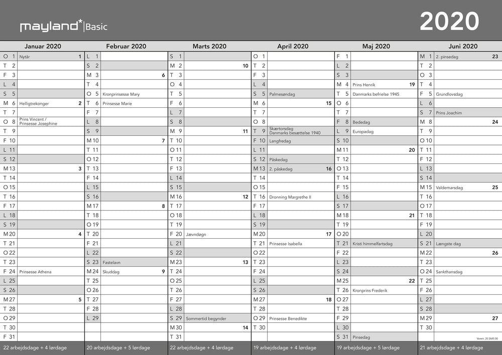 BASIC A3 KONTORKALENDER 2020 MAYLAND