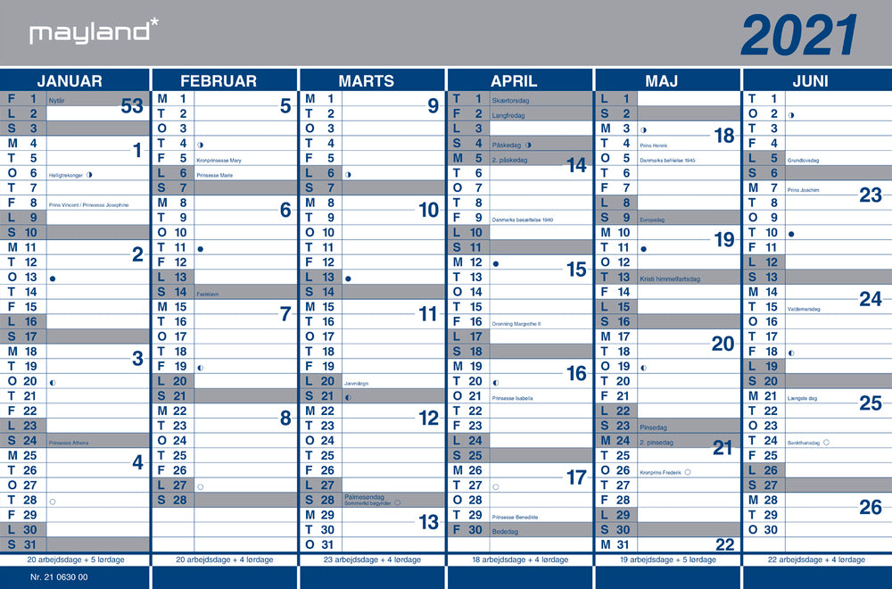 Dobbelt halvårskalender 2021 44 x 29 cm Mayland