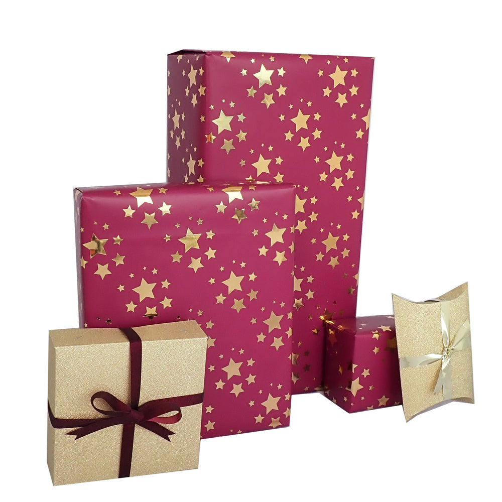 GAVEPAPIR BORDEAUX STJERNE M/GULD FOIL 1 M X 70 CM