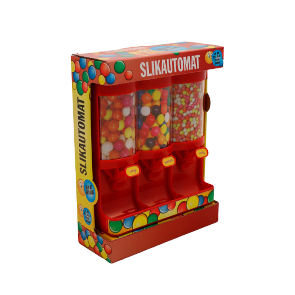 Slikautomat rød m/3 rum 60 g slik og tyggegummi mål 19x19 cm