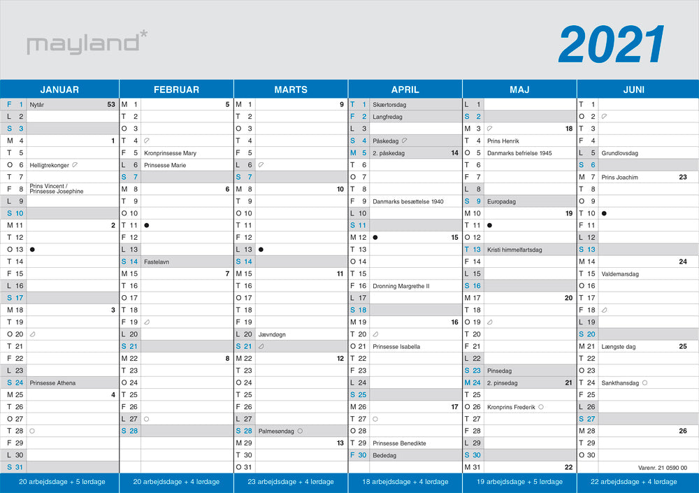 Kontorkalender A4 klassisk 2021 30 x 21 Mayland