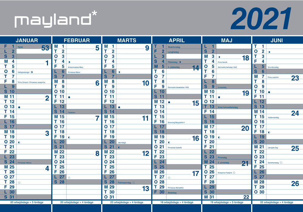 Kæmpekalender papir 2021 100 x 70 cm Mayland