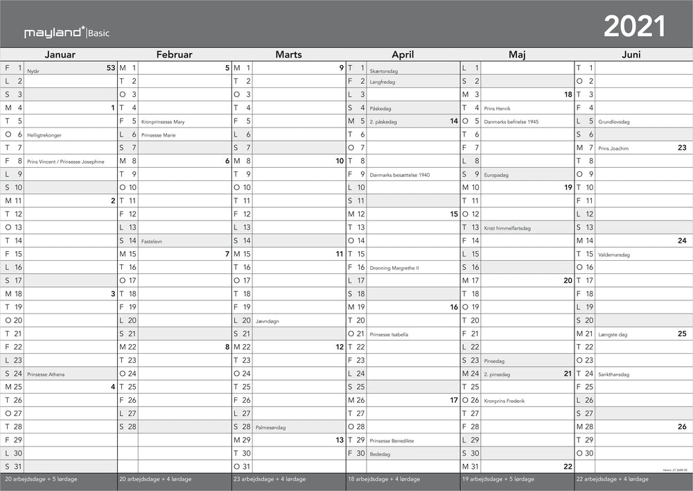 Kontorkalender A2 whiteboard 2021 Mayland