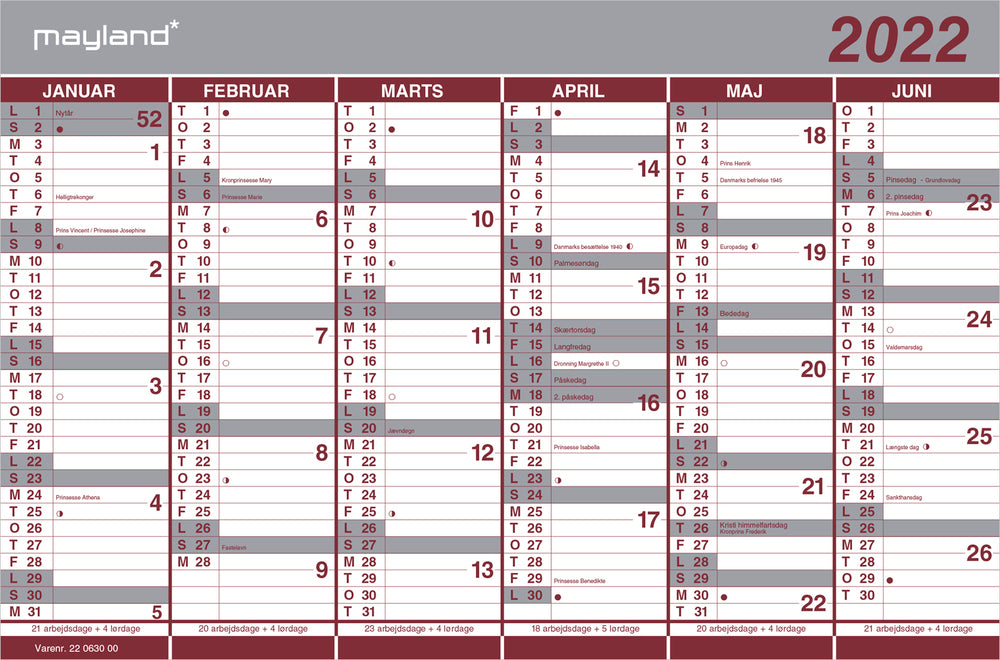 Dobbelt halvårskalender 2022 44 x 29 cm Mayland