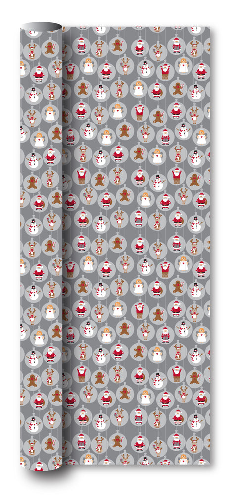 Gavepapir grå kugler julemand/snemand/rensdyr/kage 3m x 70cm