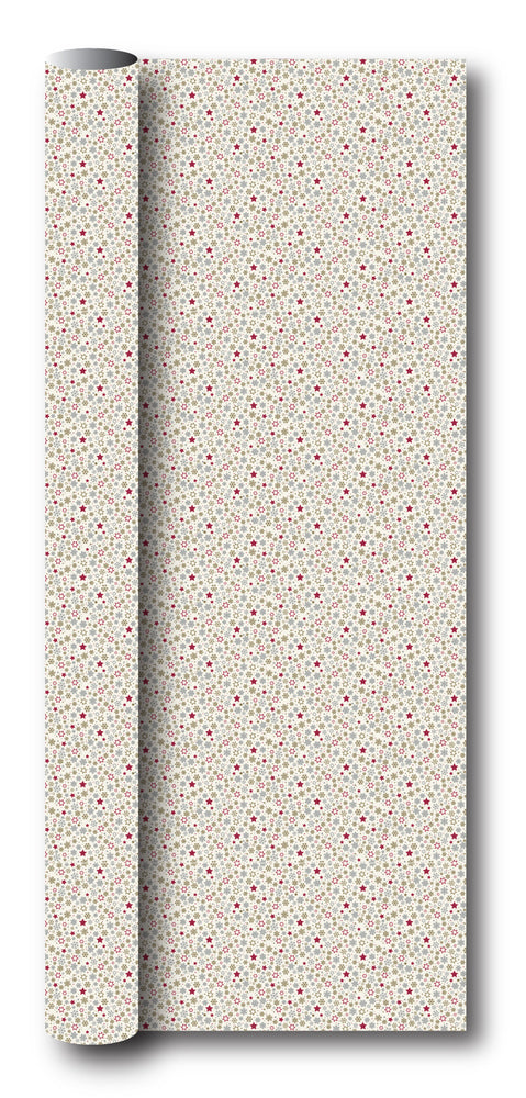 Gavepapir metallic m/stjerne/snefnug rød/guld/sølv 3m x 70cm