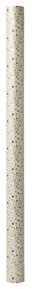 Gavepapir metallic m/stjerne/snefnug rød/guld/sølv 3m x 70cm