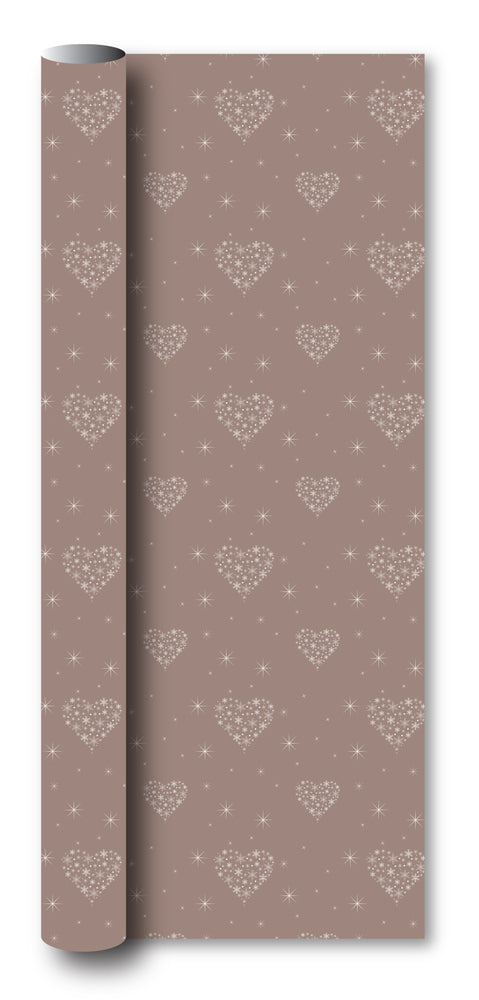 Gavepapir pastel rose metallic m/hjerter/snefnug 3 m x 70 cm