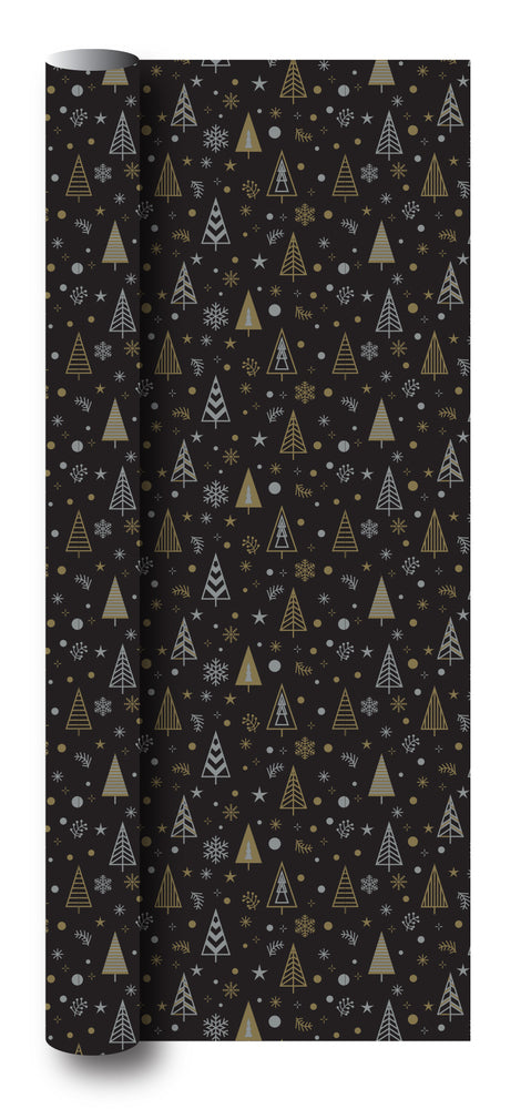 Gavepapir sort m/juletræer metallic guld/sølv 3 m x 70 cm