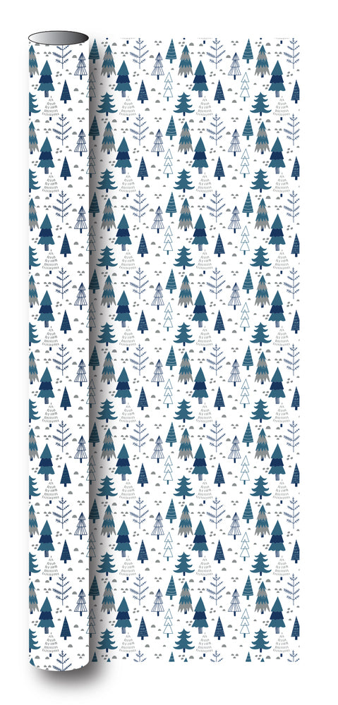 Gavepapir hvid m/blå/sølv metallic juletræ 3 m x 70 cm