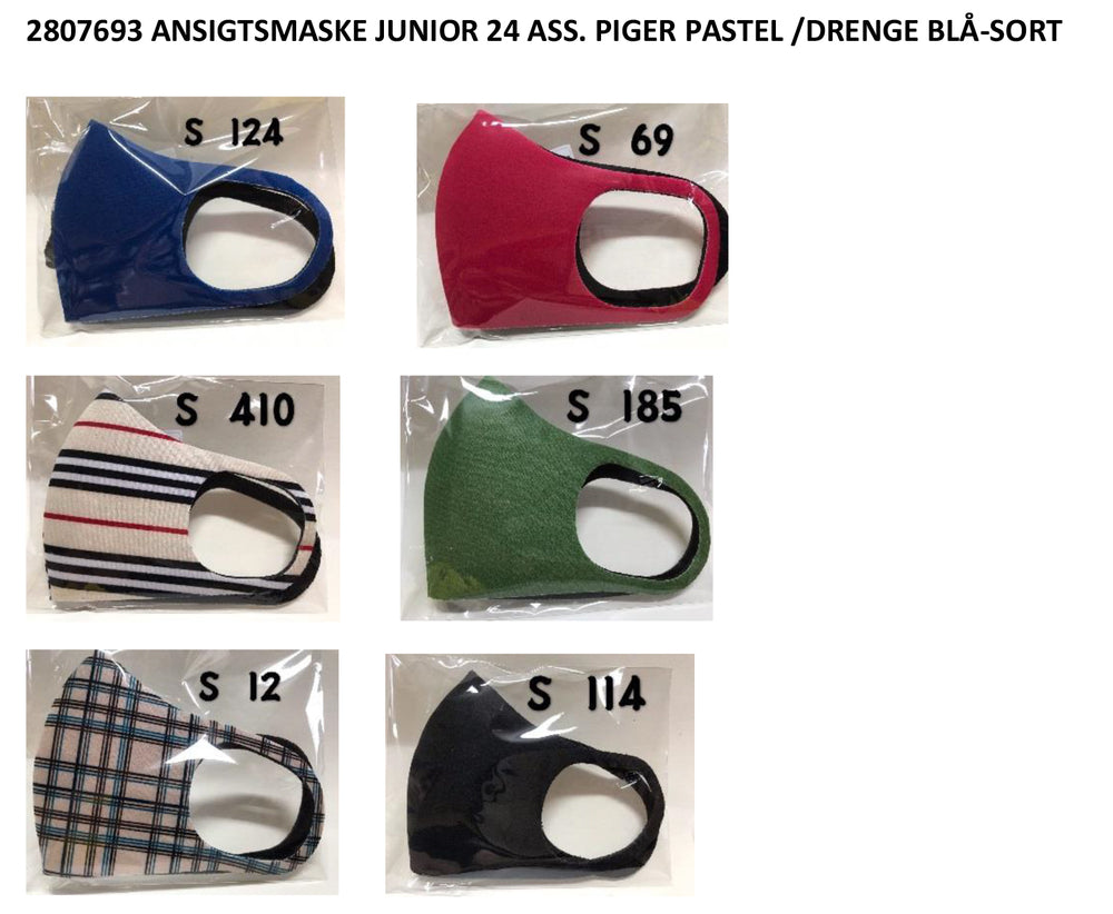 Ansigtsmaske junior 24 ass. piger pastel /drenge blå-sort