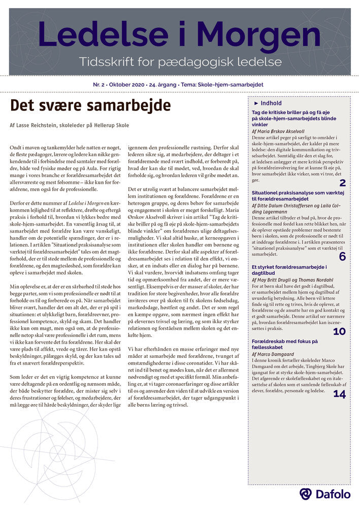 Ledelse i Morgen. Nr. 2. Oktober 2020. Tema: Skole-hjem-samarbejdet