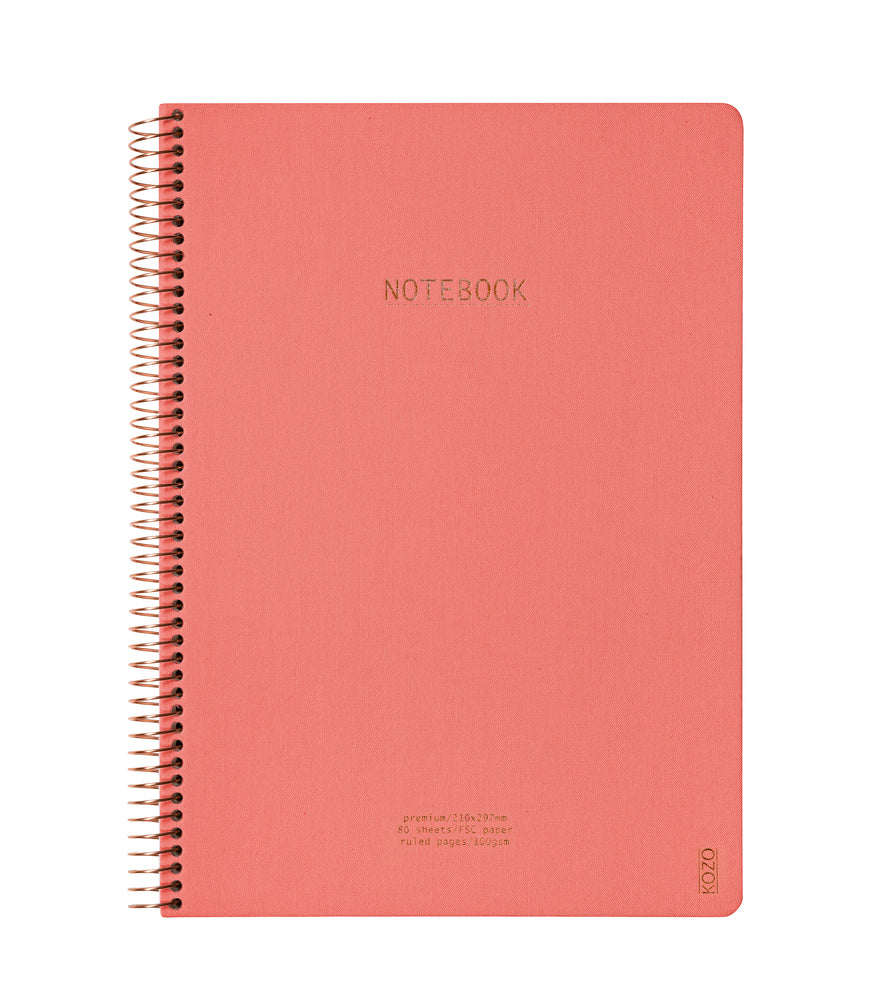 Notesbog Kozo Premium A4 coral m/spiral linieret