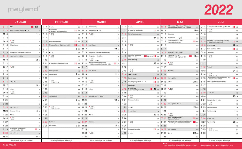 Kontorkalender stor m/flagdage 2022 39 x 24 Mayland