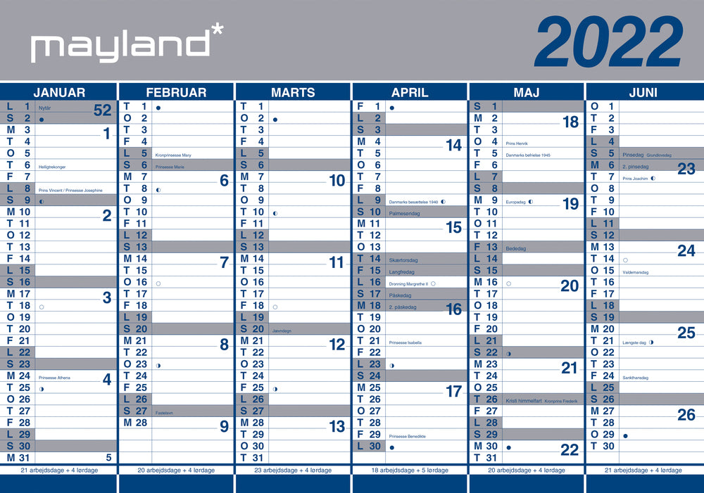 Kæmpekalender papir 2022 100 x 70 cm Mayland