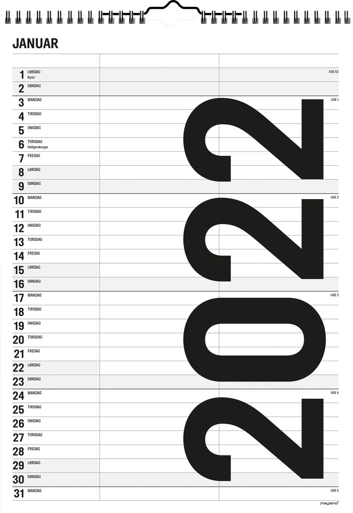 Familiekalender A4 sort/hvid 2 kol. 2022 Mayland
