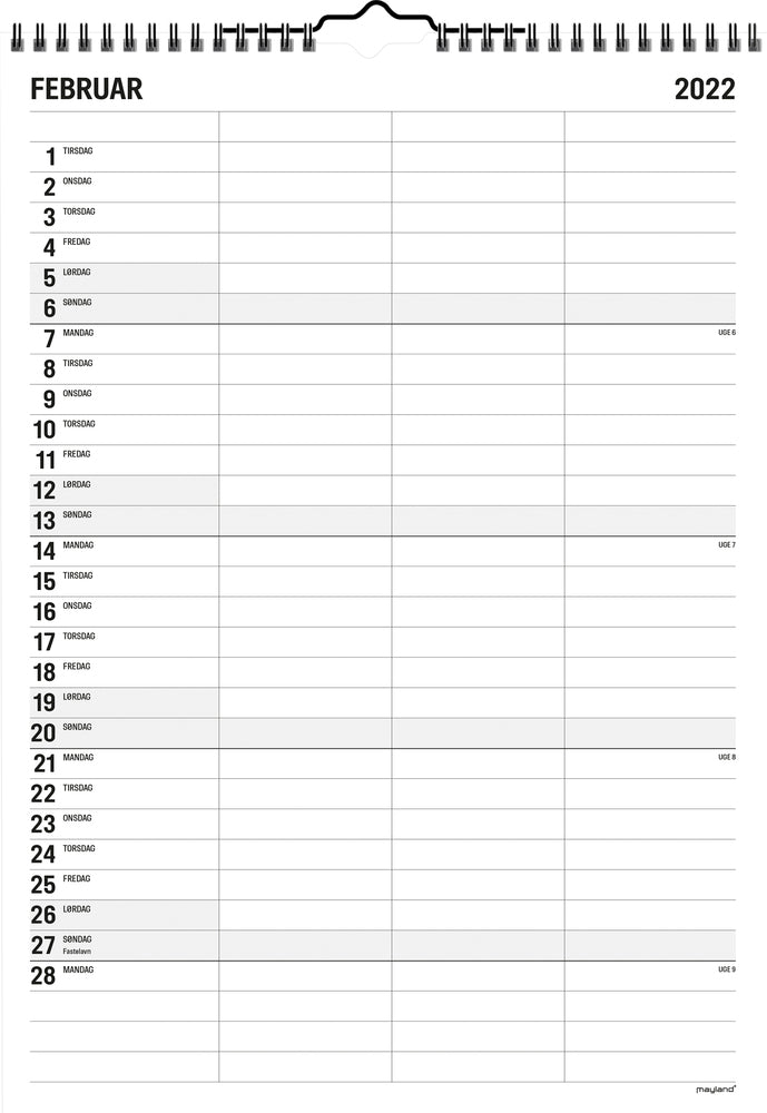 Familiekalender 24 x 34 sort/hvid 3 kol. 2022 Mayland