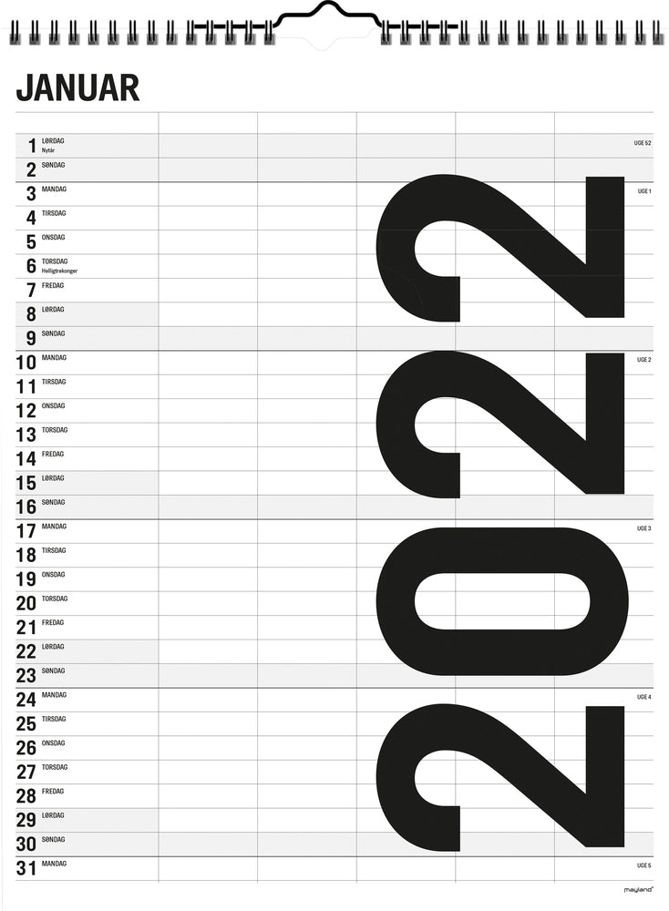 Familiekalender 29,5 x 39 sort/hvid 5 kol. 2022 Mayland