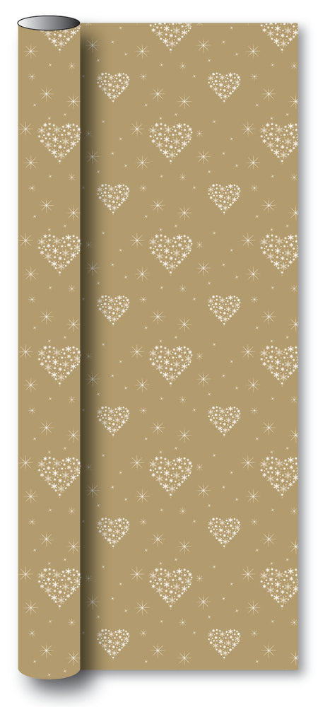 Gavepapir guld metallic m/hjerter/snefnug 3 m x 70 cm