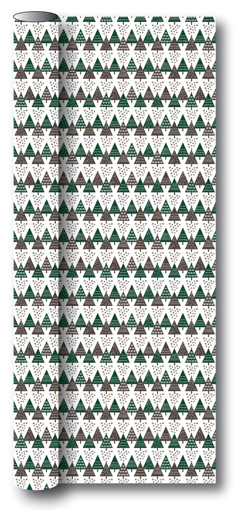 Gavepapir hvid m/brun/grøn metallic juletræ 3 m x 70 cm