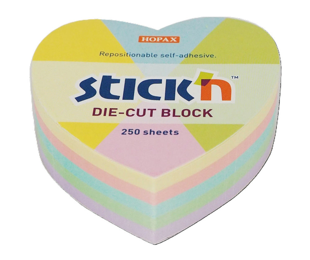 SELVKLÆBENDE STICK'N Notes BLOK HJERTE pastelFARVER 250 ark