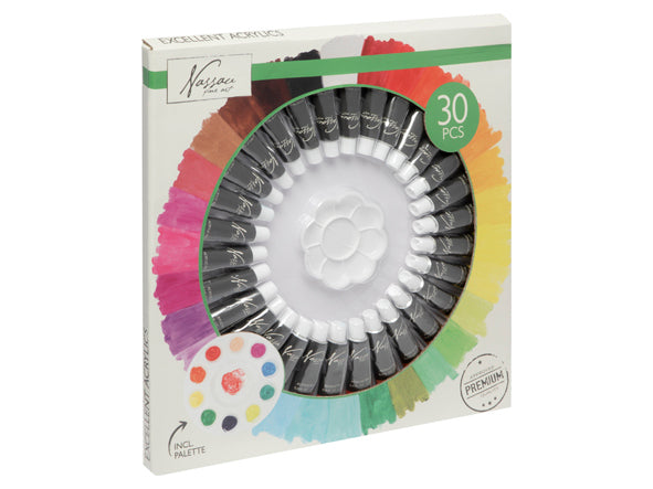 Akrylmaling, æske med 30 farver x 12 ml + palette