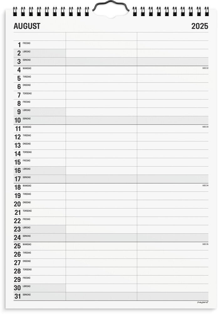 Mayland Familiekalender 2025 sort/hvid A4 2 kol