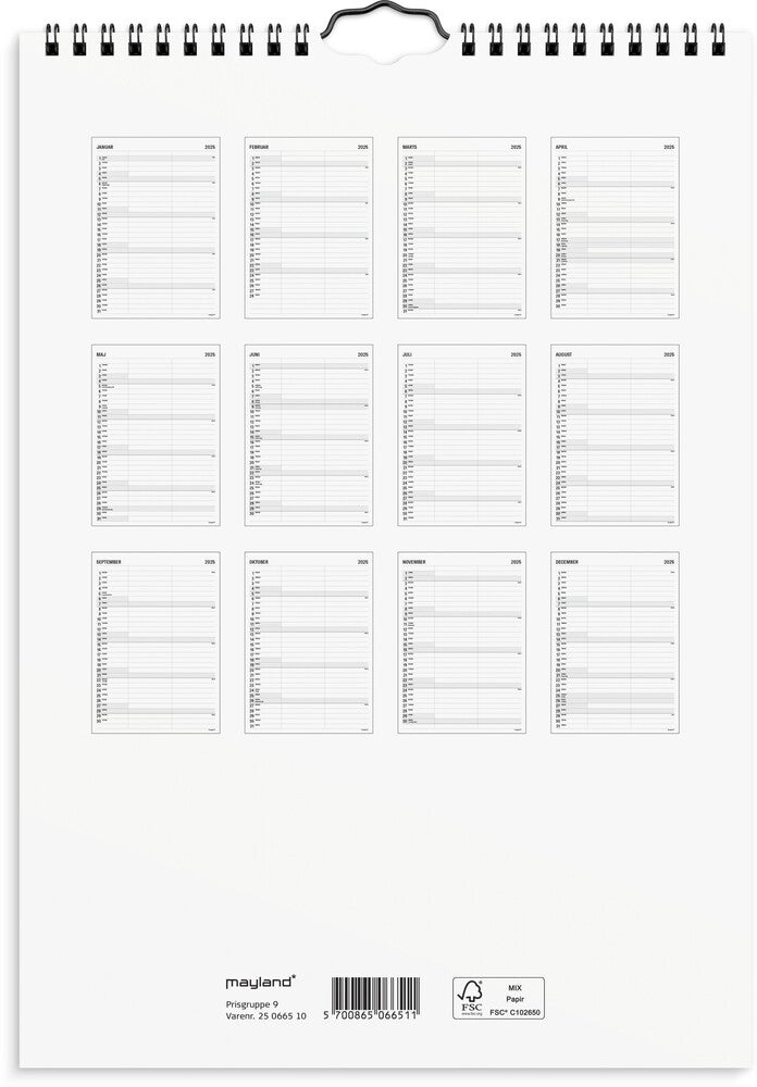 Mayland Familiekalender 2025 sort/hvid A4 2 kol