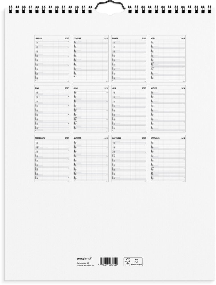 Mayland Familiekalender 2025 sort/hvid 5 kol