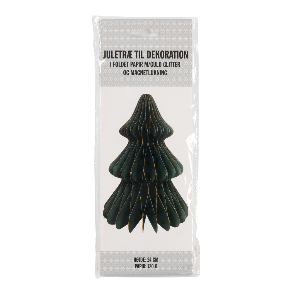 Flot dekoration papir juletræ m/glimmer og magnetluk 24 cm