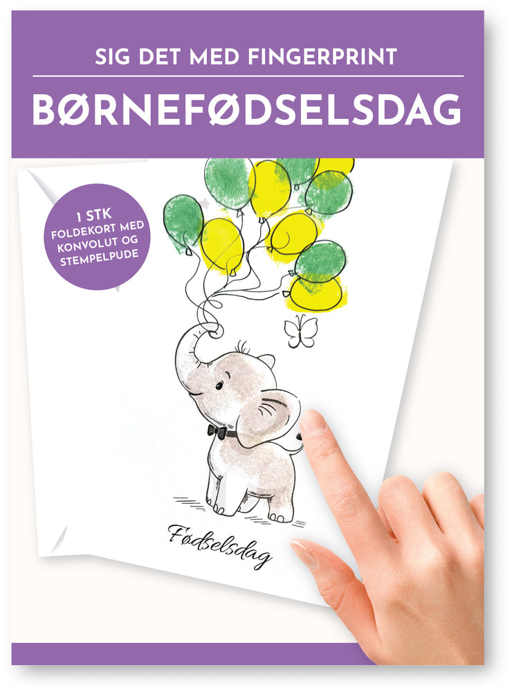 Fingerprint kort børnefødselsdag elefant m/konvolut og stempelpude
