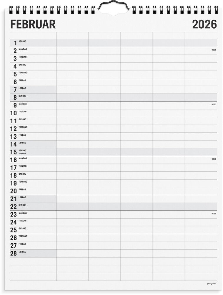 Mayland studie familiekalender 25/26 black and white 5 kolonner